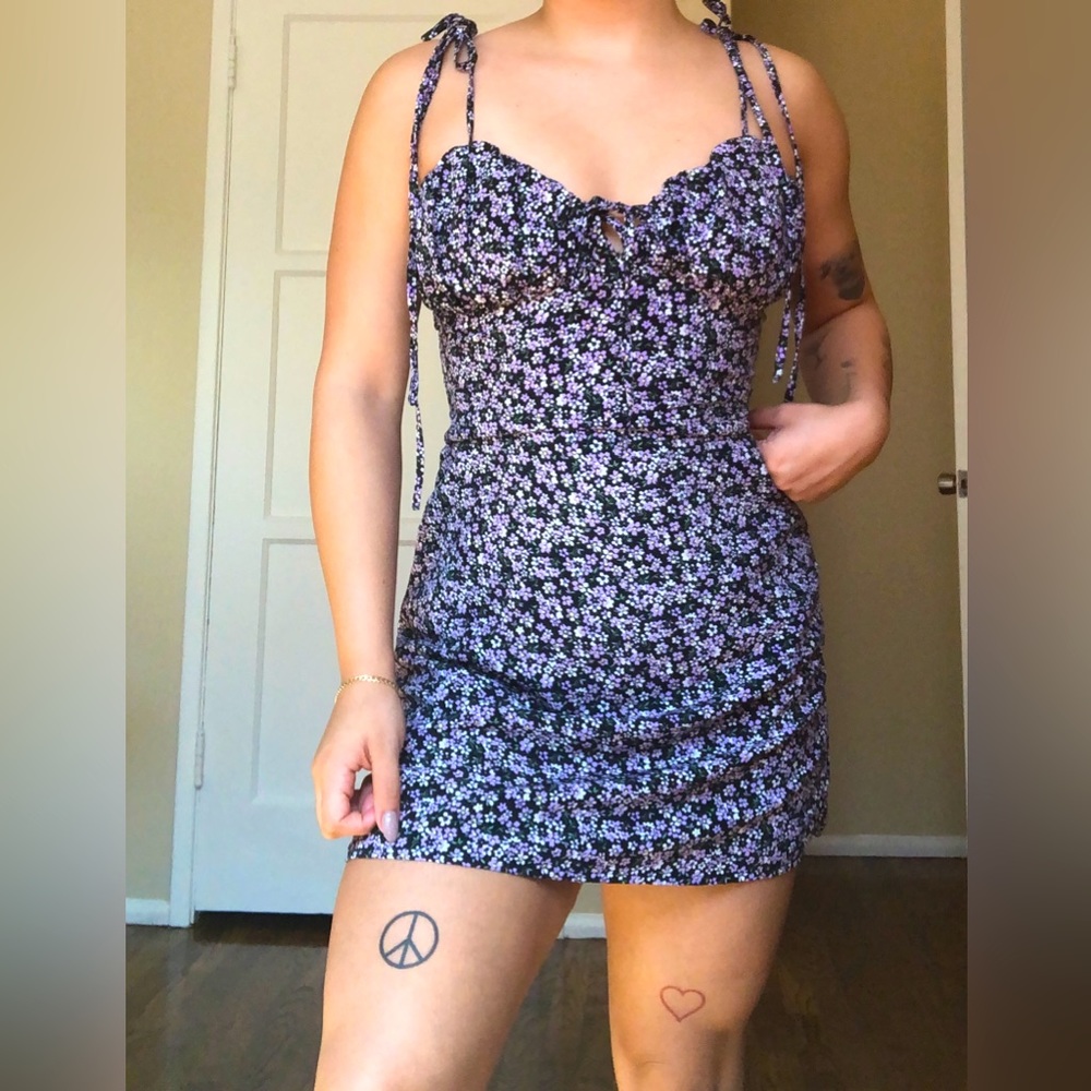 Purple and black floral mini dress